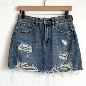 PacSun Distressed Denim Mini Skirt Raw Hem Micro Skirt Medium Wash Womens 25